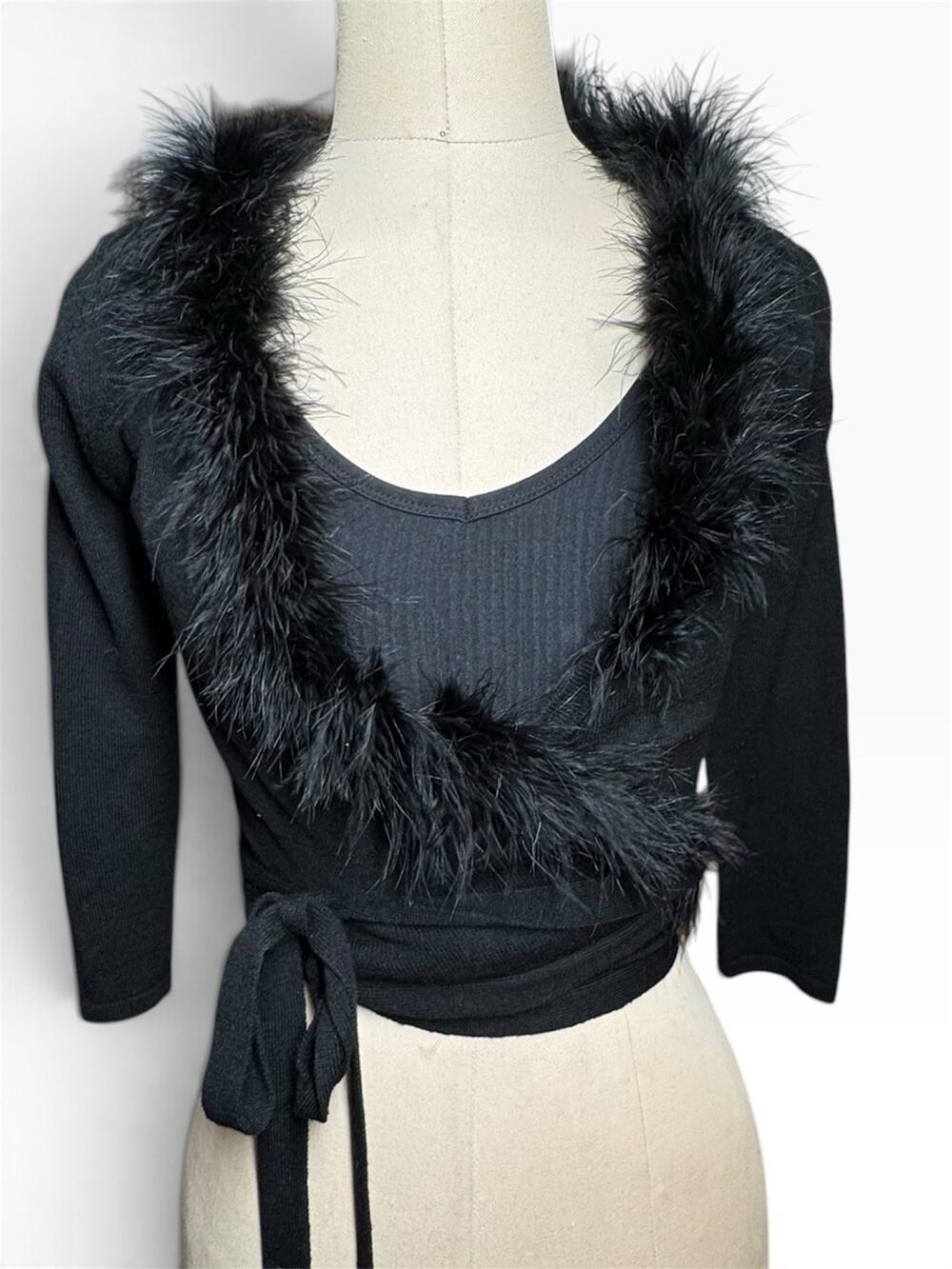 Betsey Johnson Y2K wool cashmere wrap sweater with feather collar
